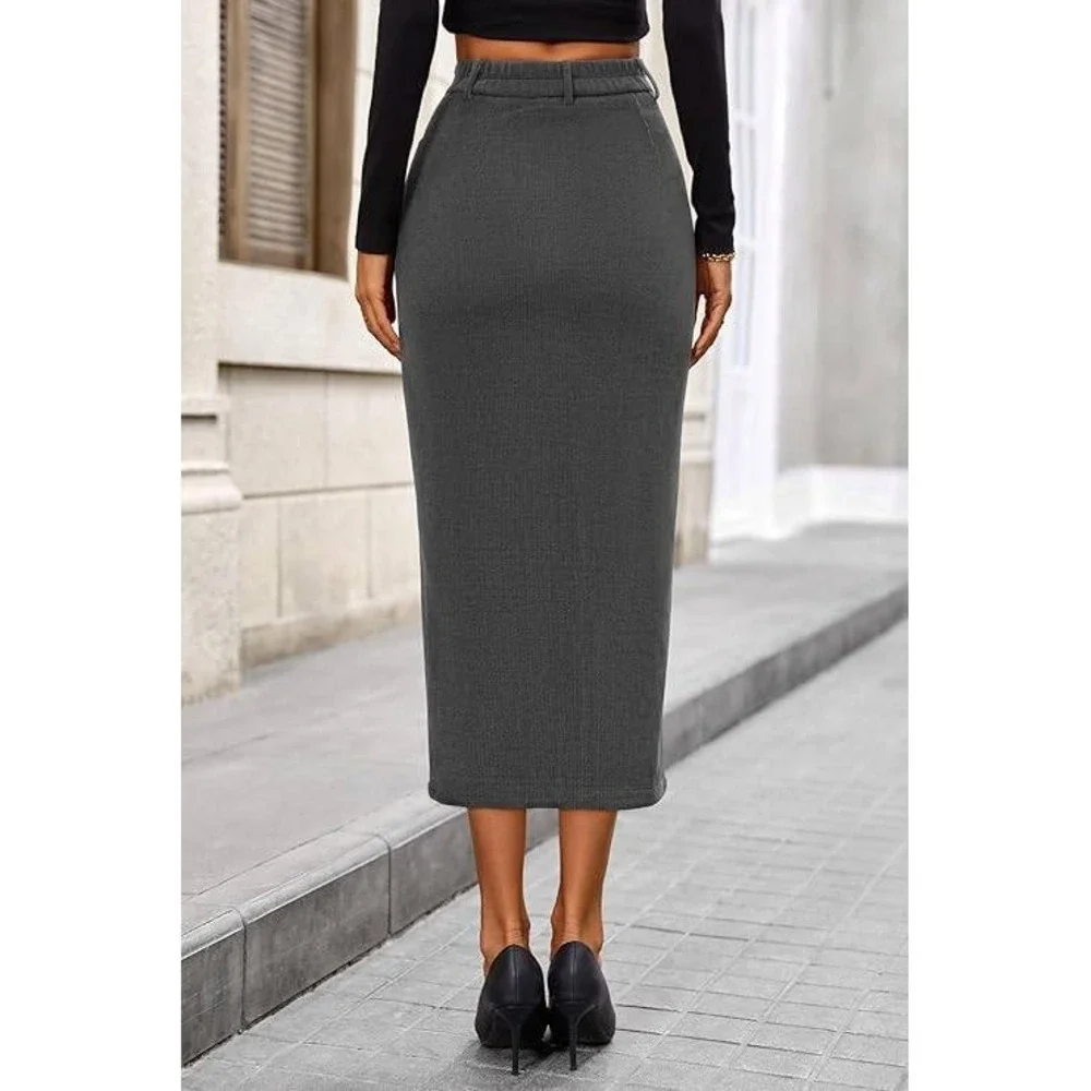PrettyGarden Womens Corduroy Midi‎ Skirt Grey Chenille Pencil Slit Size 16 NWT